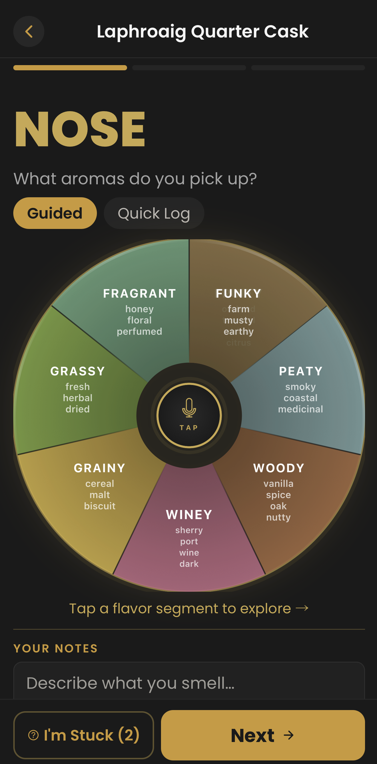 Guided tasting flavor wheel in the Pour Decision app